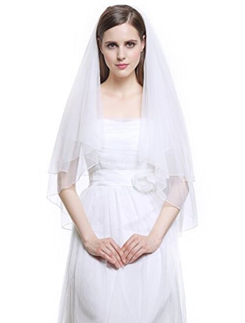 Wedding Bridal Veil with Comb 2 Tier Cut Edge Elbow Fingertip Length Ivory White