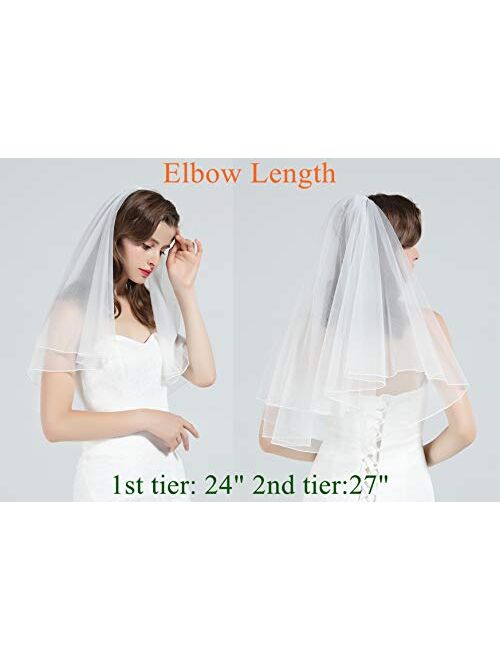 Wedding Bridal Veil with Comb 2 Tier Cut Edge Elbow Fingertip Length Ivory White