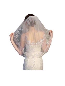 Yalice Women's Silver Flower Bride Wedding Veil Light Ivory Lace 2T Two-tier Elbow Bridal Veils Soft Tulle Hair Accessories