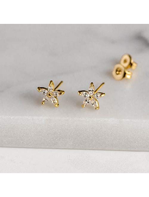 Elegant Cubic Zirconia Stud Earrings for Women - 14k Gold Dipped Flower Earrings for Girls, Precious Hypoallergenic Earrings for Sensitive Ears, Dainty Nickel Free Earrin