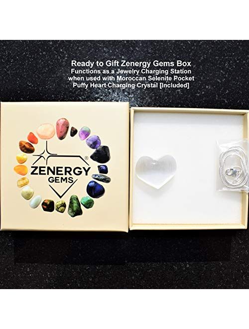Zenergy Gems Charged Natural Himalayan Gemstone Crystal Puffy Heart Pendant Necklace + 20" Silver Chain + Selenite Charging Heart [Included]