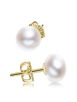 JORA Sterling Silver White Button Freshwater Cultured Pearl Stud Earrings for Women Gift