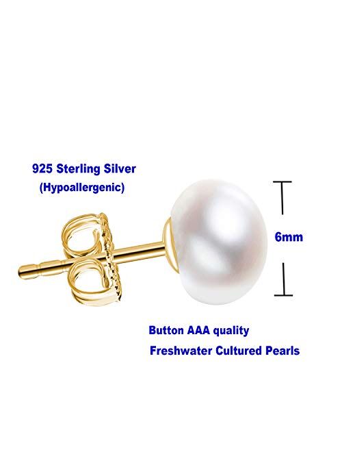 JORA Sterling Silver White Button Freshwater Cultured Pearl Stud Earrings for Women Gift