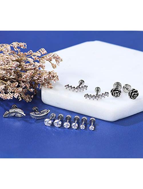 LOYALLOOK 6-8 Pairs 16G Stainless Steel Flower Feather Cartilage Cubic Zirconia Inlaid Helix Hoop Stud Earrings Tragus Piercing Jewelry for Men Women
