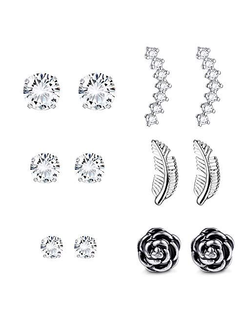 LOYALLOOK 6-8 Pairs 16G Stainless Steel Flower Feather Cartilage Cubic Zirconia Inlaid Helix Hoop Stud Earrings Tragus Piercing Jewelry for Men Women