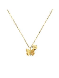 Initial Butterfly Pendant Necklace,Women 14k Gold Plated Handmade Dainty Butterfly Necklace with Initial Round Disk Pendant