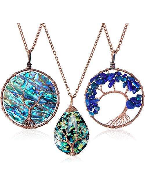 Hicarer 3 Pieces Tree Life Pendant Tree Life Quartz Crystal Pendant Necklace Chakra Gemstone Copper Wire Wrap Necklace