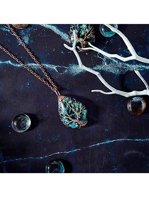 Hicarer 3 Pieces Tree Life Pendant Tree Life Quartz Crystal Pendant Necklace Chakra Gemstone Copper Wire Wrap Necklace