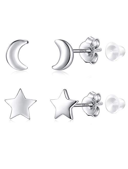 2 Pair Sterling Silver Stud Earrings Cross Circle(XO); Moon Star; Two & Three Bead Ball for Teenager Girls Women Men