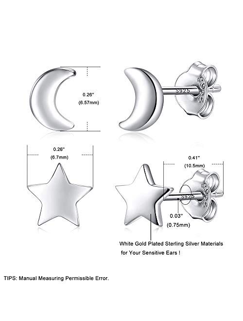 2 Pair Sterling Silver Stud Earrings Cross Circle(XO); Moon Star; Two & Three Bead Ball for Teenager Girls Women Men