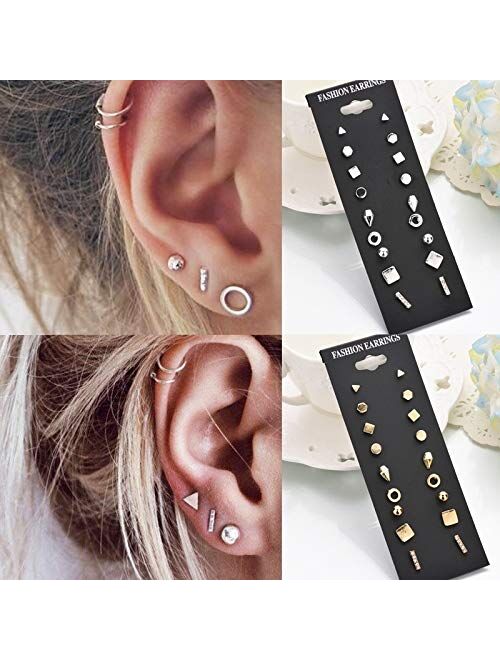 Achieer 9pairs/Set Simple Vintage Geometric Crystal Stud Earrings Set Charm Trendy Gold/Silver Alloy Punk Earrings Women Causal Jewelry Accessories Gift