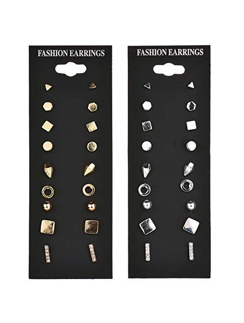 Achieer 9pairs/Set Simple Vintage Geometric Crystal Stud Earrings Set Charm Trendy Gold/Silver Alloy Punk Earrings Women Causal Jewelry Accessories Gift