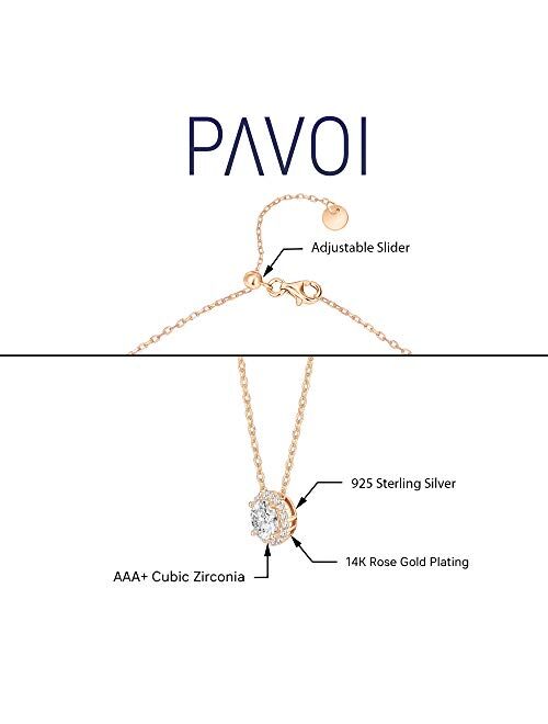 PAVOI 14K Gold Plated 925 Sterling Silver Post Faux Diamond Round Solitaire Pendant Halo Necklace | Gold Necklace for Women | Slider Adjustable