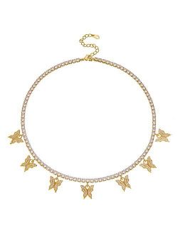 Jacruces Butterfly Necklace Tennis Chain Butterfly Choker Bling Iced CZ Butterfly Necklace Silver Women