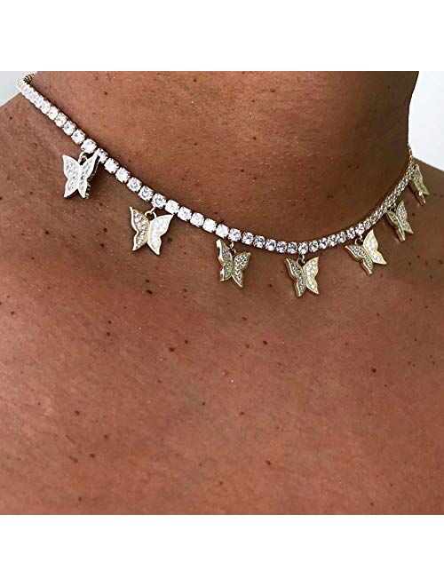 Jacruces Butterfly Necklace Tennis Chain Butterfly Choker Bling Iced CZ Butterfly Necklace Silver Women