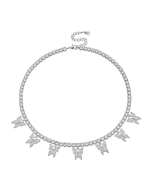 Jacruces Butterfly Necklace Tennis Chain Butterfly Choker Bling Iced CZ Butterfly Necklace Silver Women