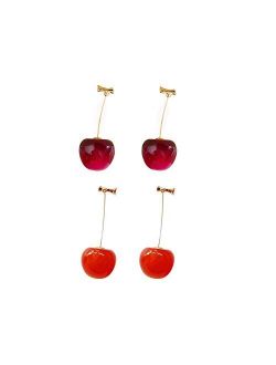ONEYIM 3D Red Cherry Drop Earrings Cute Fruit Gold Dangle Earrings Charm Jewelry Gift Earrings for Women Girls