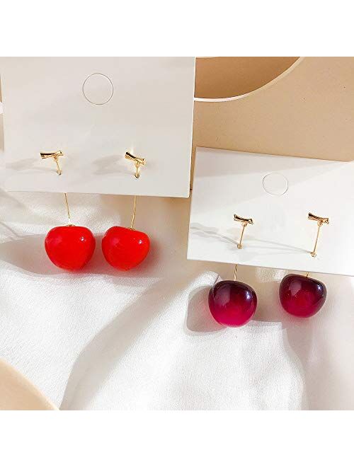 ONEYIM 3D Red Cherry Drop Earrings Cute Fruit Gold Dangle Earrings Charm Jewelry Gift Earrings for Women Girls