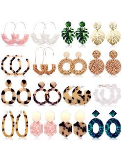FIFATA 16 Pairs Christmas Statement Rattan Earrings for Womens Fun Acrylic Drop Earrings Resin Trendy Bohemian Fashion Jewelry Set Hypoallergenic for Sensitive Ears