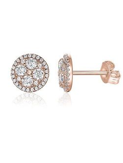 14K Gold Plated Sterling Silver Post Halo Cluster Cubic Zirconia Stud Earrings for Women | Gold Earrings