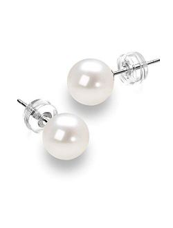 JORA 14K Gold Round White Freshwater Cultured Pearl Stud Earrings for Women - AAAA Quality