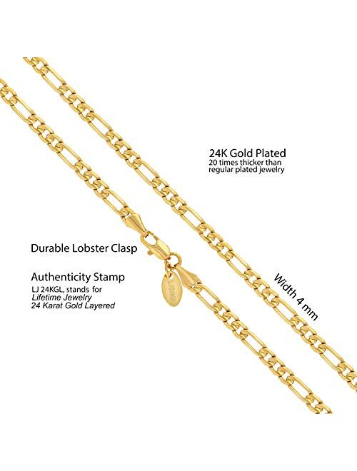 Lifetime Jewelry 4mm Figaro Chain Necklace 24k Gold Plated for Men Women & Teens