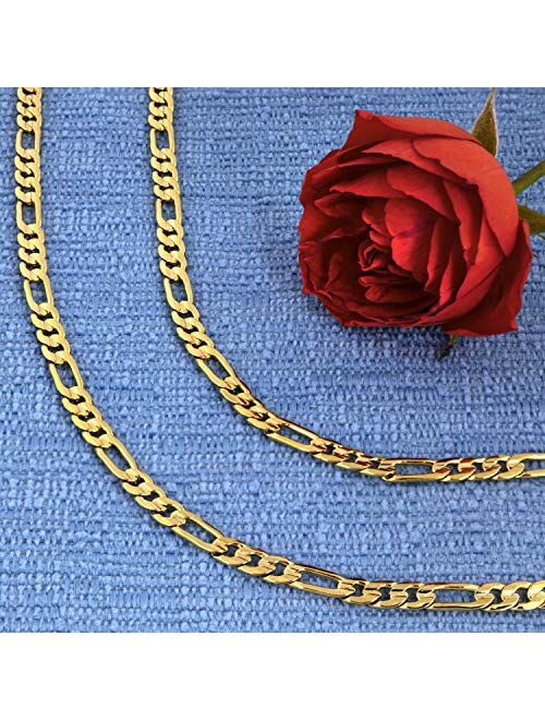 Lifetime Jewelry 4mm Figaro Chain Necklace 24k Gold Plated for Men Women & Teens