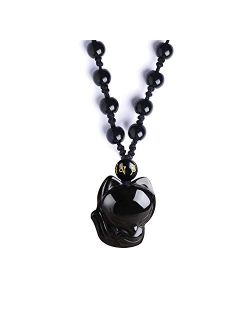MOHICO Obsidian Pendant Necklace Obsidian Crystal Pendant Necklace Pattern with Extend Bead Chain for Men or Women