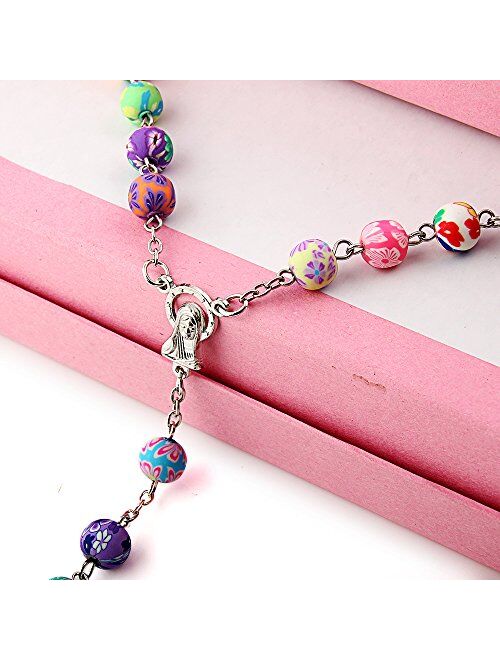YEYULIN Polymer Clay Bead Rosary Long Necklace Alloy Cross Virgin Christian Catholic Jewelry for Women