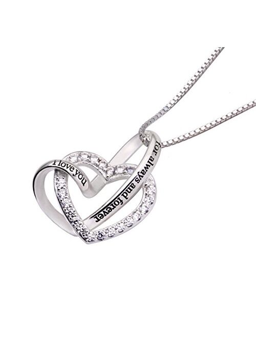 ALOV Jewelry Sterling Silver I Love You for Always and Forever Love Heart Cubic Zirconia Necklace