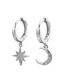 CZ Moon Star Dangle Small Hoop Earrings for Women Girls Sterling Silver with Charms Crystal Asymmetrical Snowflake Crescent Drop Mini Cartilage Clip Jewelry Delicate Fash