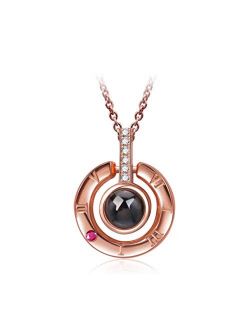 Inf-way I Love You Necklace, 925 Sterling Silver 100 Languages Projection on Round Onyx Pendant Loving Memory Collarbone Necklace 1 Pcs