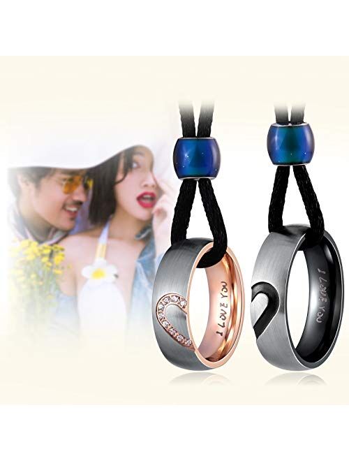 Aienid Couples Necklace for Him and Her Mens Necklace Gold Women Stainless Steel Ring Pendant Heart Wedding Set