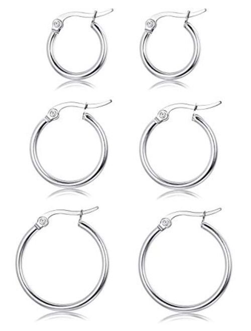 Sllaiss 3 Pairs Sterling Silver Round Hoop Earring for Women Girls Lightweight Click-Top Hoop Earring Hypoallergenic 10-20MM