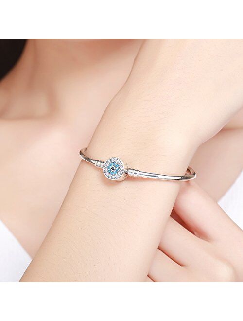 BAMOER 925 Sterling Silver Expandable Lucky Blue Evil Eye Chain Bracelet Necklace with Sparkling Cubic Zirconia for Women Girls