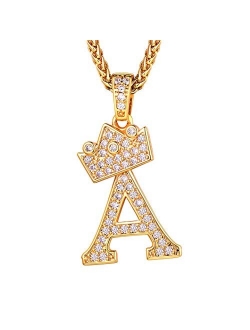 Richsteel A-Z Crown Initial Necklace for Men Women 18K Gold Plated Shiny Cubic Zirconia Monogram Pendant with 22'' Chain+2'' (Extended) Custom 1-6 Letters Name Jewelry(wi