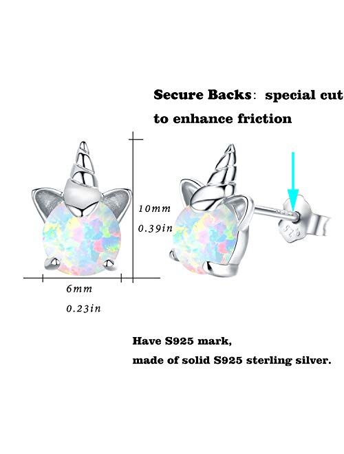 Hypoallergenic Unicorn Earrings S925 Sterling Silver Animal Earrings Synthetic Opal Stud Cute Birthday Gift for Her