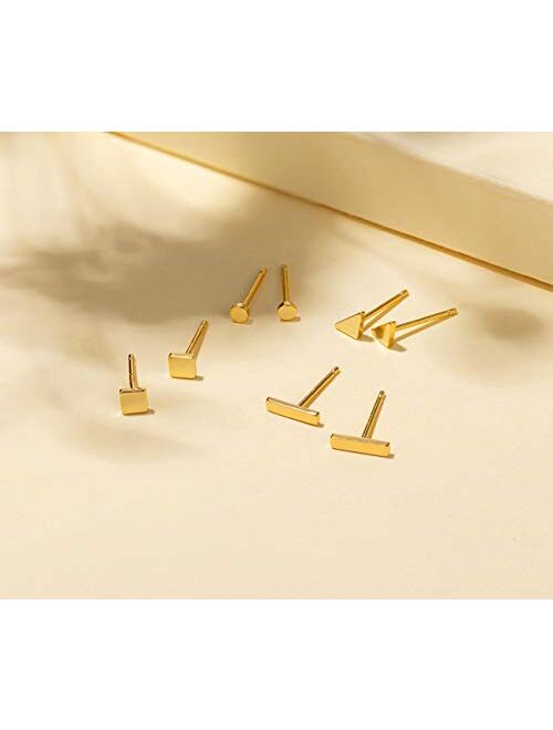 Sterling Silver Stud Earrings for Women Men- 4 Pairs of Hypoallergenic Simple Geometric Small Stud Earring Set Tiny Circle Triangle Square Bar Stud Earrings Mini Cartilag