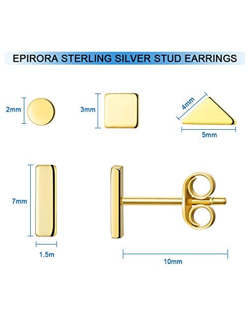 Sterling Silver Stud Earrings for Women Men- 4 Pairs of Hypoallergenic Simple Geometric Small Stud Earring Set Tiny Circle Triangle Square Bar Stud Earrings Mini Cartilag