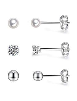 Sterling Silver Stud Earrings for Women Girls- 3 Pairs Tiny Ball Stud Earrings Round CZ Cubic Zirconia Earrings Pearl Earrings Set Cartilage Small Tragus Earrings(2mm,3mm