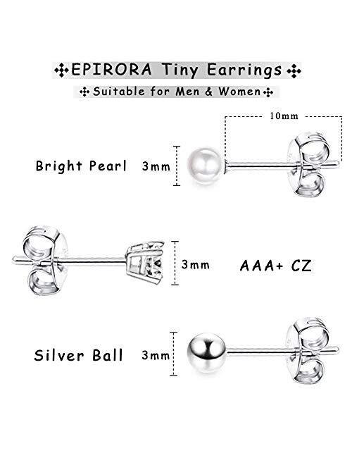 Sterling Silver Stud Earrings for Women Girls- 3 Pairs Tiny Ball Stud Earrings Round CZ Cubic Zirconia Earrings Pearl Earrings Set Cartilage Small Tragus Earrings(2mm,3mm