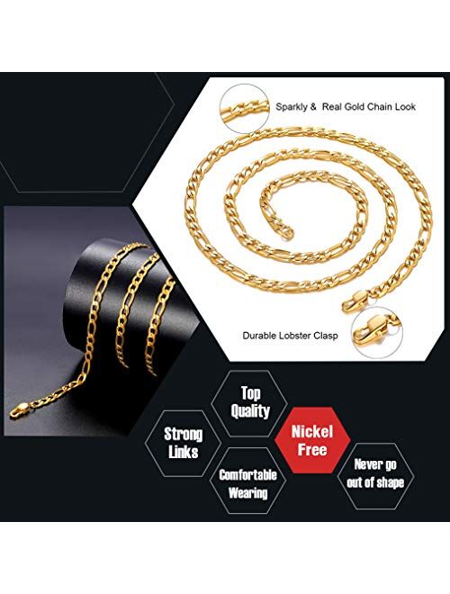 ChainsPro Mens NK 3:1 Figaro Chain Necklace-4/5/6/7.5/8/9/12/13MM Width, 18K Gold Plated/316L Stainless Steel/Black, 18-30" (Send Gift Box)
