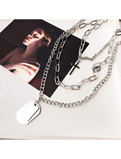 7th Moon Lock Pendant Necklace Statement Long Chain Punk Multilayer Choker Necklace for Women Girls (Punk Layered Silver)