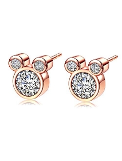 Puadun 925 Silver Mouse Shape Stud Earrings with Sparkling Cubic Zirconia Hypoallergenic Cute Stud Earring for Women Girls Birthday Gifts(Free Jewelry Box)