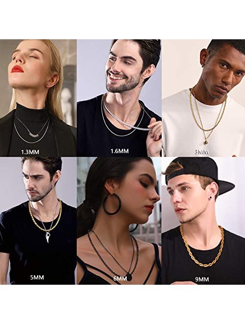 U7 Men Womens Stainless Steel 18K Real Gold Plated Twisted Rope Chain Necklace,Width 1.2mm/1.5mm/3mm/5mm/6mm/9mm,Length 18-30 Inch, with Gift Box