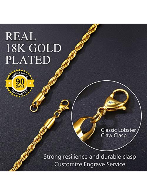 U7 Men Womens Stainless Steel 18K Real Gold Plated Twisted Rope Chain Necklace,Width 1.2mm/1.5mm/3mm/5mm/6mm/9mm,Length 18-30 Inch, with Gift Box