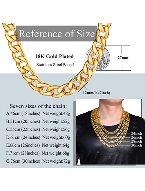 U7 Men Women Miami Cuban Chain with Customized Stamp Service 5/7/9/12/15mm Wide Stainless Steel 18K Gold Plated Curb Necklace, Length 14