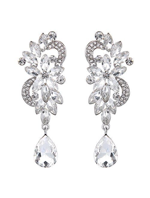 BriLove Womens Bohemian Boho Bridal Crystal Flower Teardrop Pendant Necklace Dangle Earrings Set