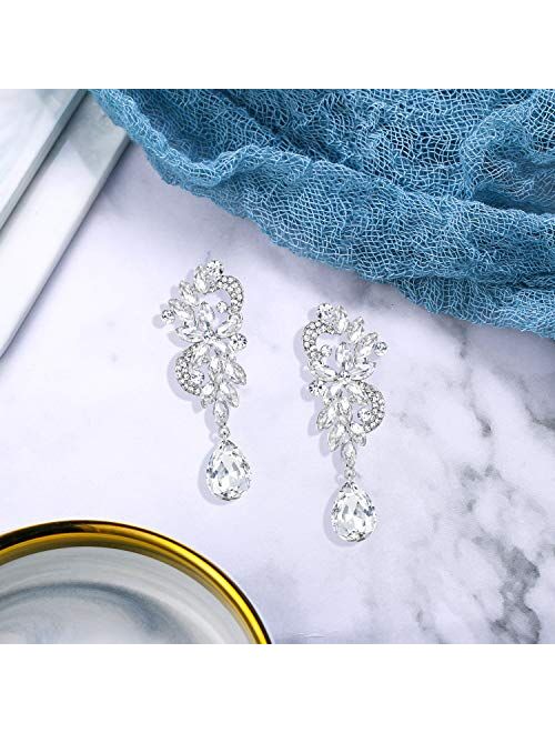 BriLove Womens Bohemian Boho Bridal Crystal Flower Teardrop Pendant Necklace Dangle Earrings Set