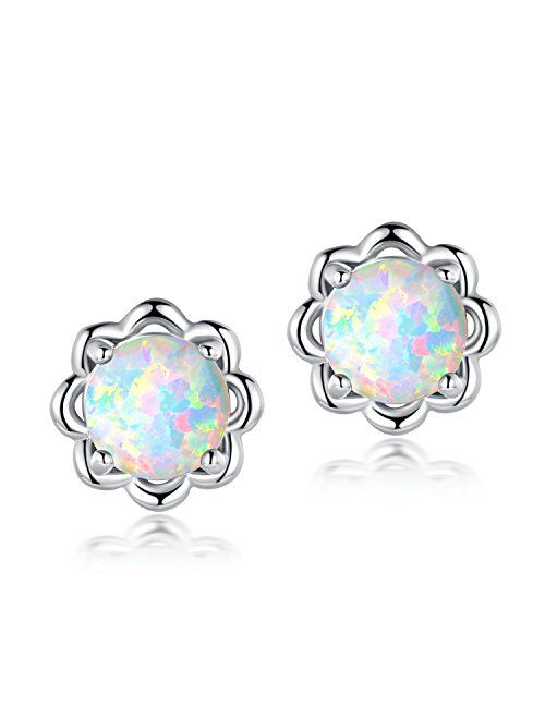 White Gold Plated Flower Opal Stud Earrings Hypoallergenic Jewelry Gift for Women